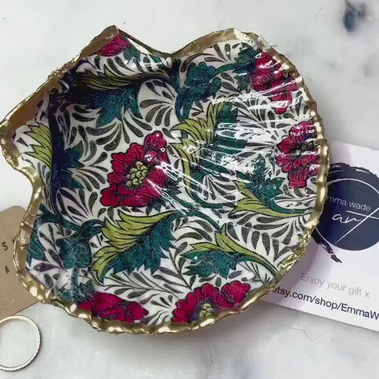 William Morris Red Peony Scallop Shell Trinket Dish with Gold Leaf