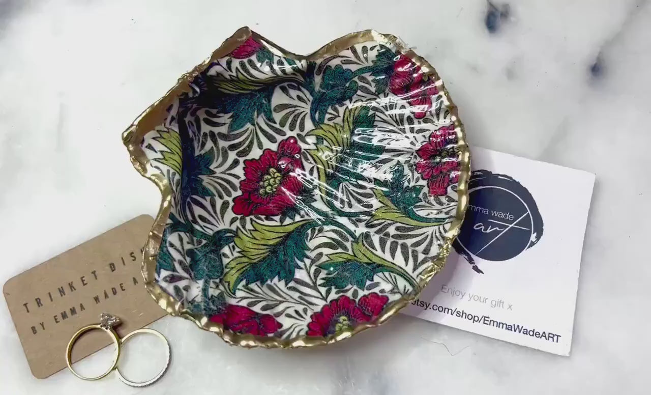 William Morris Red Peony Scallop Shell Trinket Dish with Gold Leaf