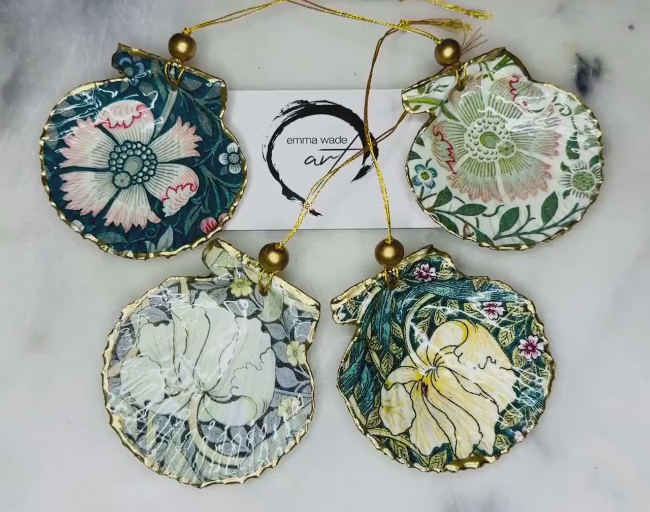 William Morris Compton and Pimpernel, Scallop Shell Ornaments, Sold Individually or Set of 4, Coastal Hanging Decoration, Handmade in the UK