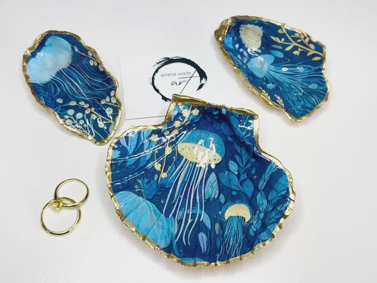 Moonlit Jellyfish Shell Ring Dish Set | Gold Gilded Oyster and Scallop Shell Collection | Coastal Jewellery Holders