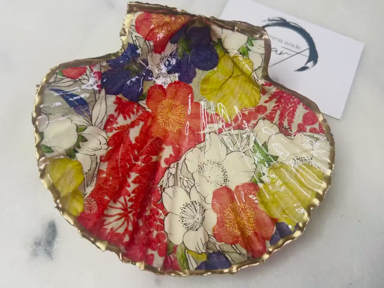 Japanese Kimono Orange Flowers Natural Dorset Scallop Trinket Dish, Floral Ring Holder, Coastal gift