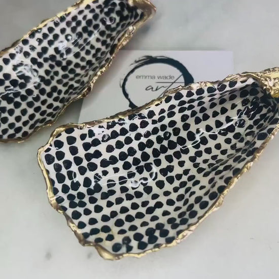 Finnish Marimekko Black White Oyster Ring Shell Dish: Gold Leaf Accent Trinket tray, Scandinavian decor, Coastal gift
