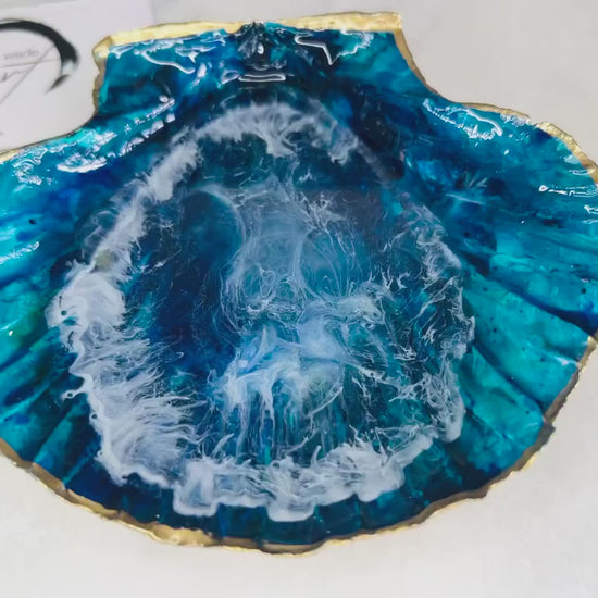 Hand-Painted Dorset Scallop Shell Dish, Ocean Grotto Resin Art, Gold Leaf Coastal Trinket Dish, Luxury Jewellery Holder, Host Gift