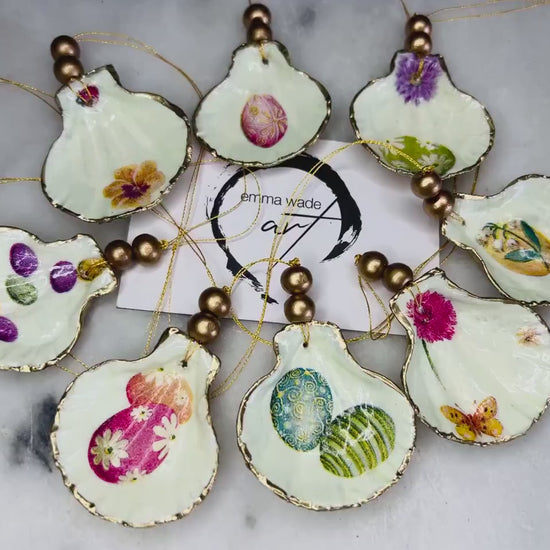 Decoupage Scallop Shell Ornaments: Gold Leaf Coastal Decor, Set of 8