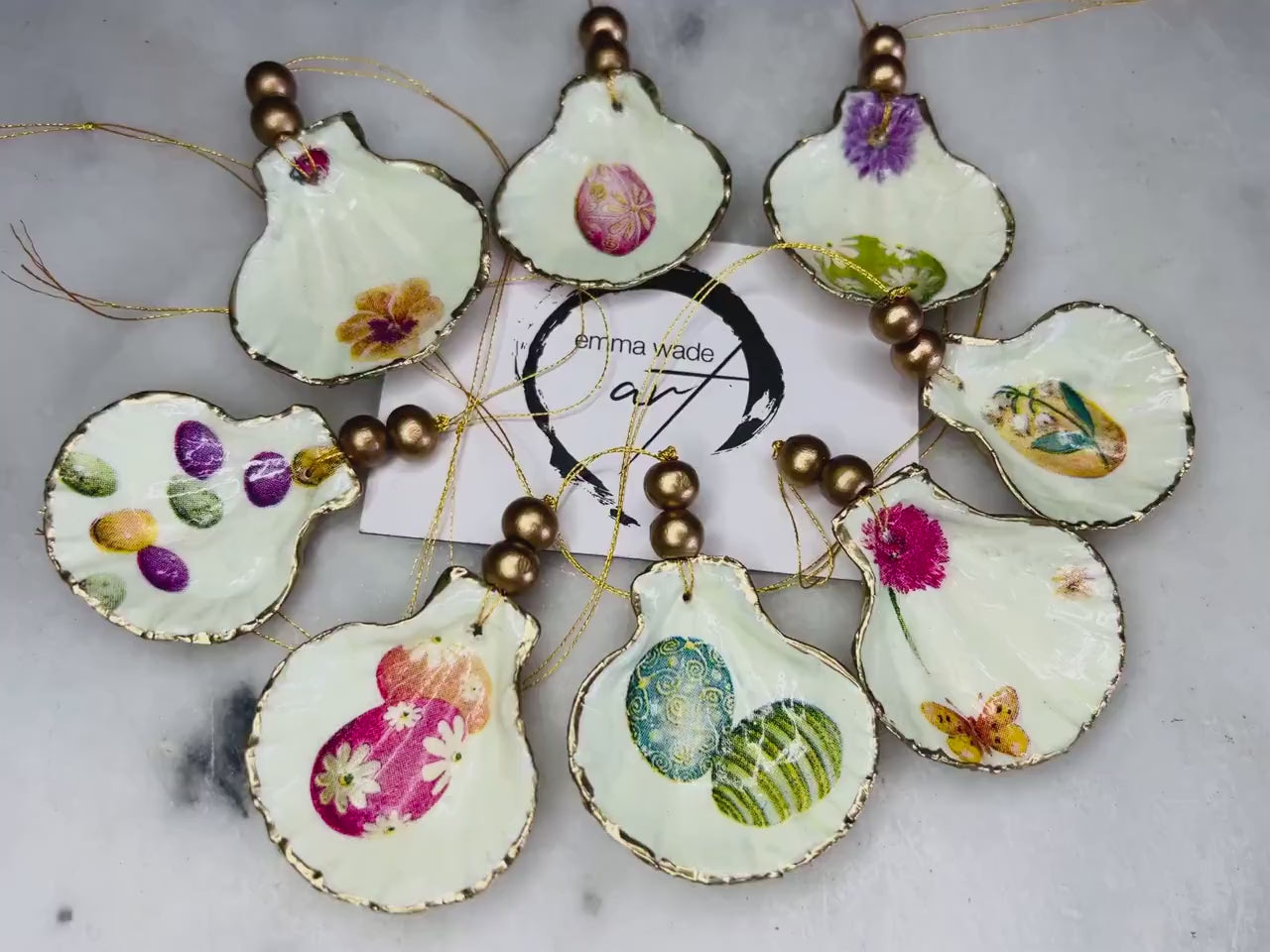 Decoupage Scallop Shell Ornaments: Gold Leaf Coastal Decor, Set of 8