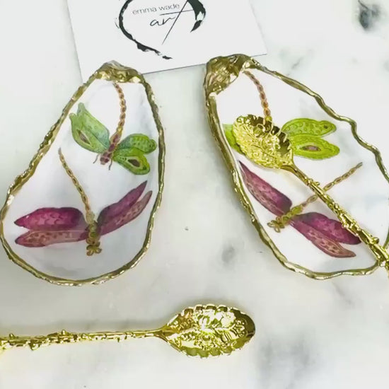 Pair of Dragonfly Oyster Shell Salt and Pepper Set, Gilded gold leaf, sealed with resin. Add on Gold Spoons. Coastal Decor. Host Gift.