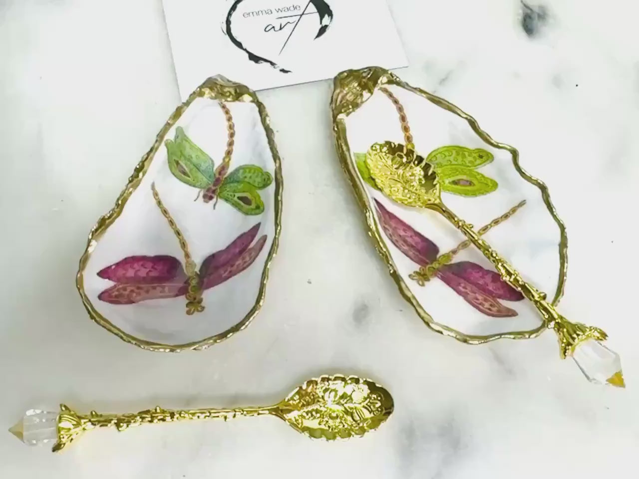 Pair of Dragonfly Oyster Shell Salt and Pepper Set, Gilded gold leaf, sealed with resin. Add on Gold Spoons. Coastal Decor. Host Gift.