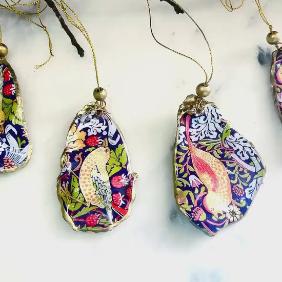 William Morris Strawberry Thief Oyster Shell Decorations | Individual Ornaments or Matching Sets | Uk Heritage Gift