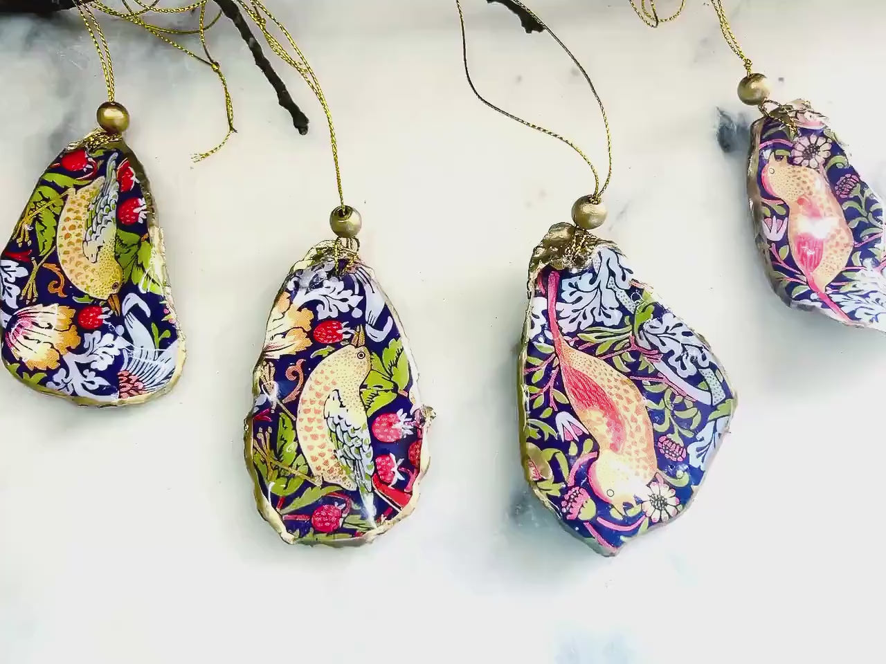William Morris Strawberry Thief Oyster Shell Decorations | Individual Ornaments or Matching Sets | Uk Heritage Gift