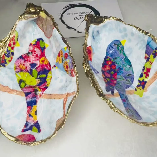 Colourful Birds Oyster Shell Ring Dish | Gold Leaf Jewellery Trinket Dish | Bird Lover Gift | Coastal Decor | 2 Designs