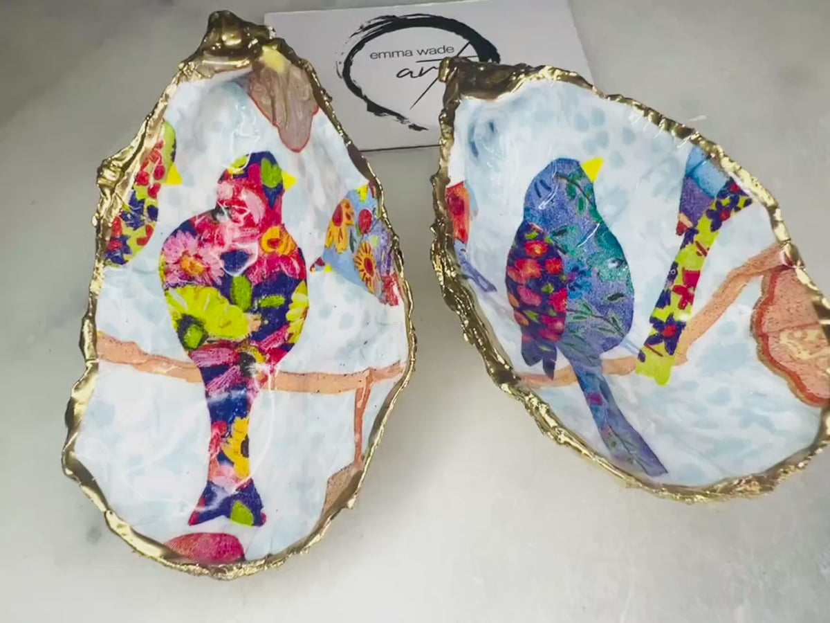 Colourful Birds Oyster Shell Ring Dish | Gold Leaf Jewellery Trinket Dish | Bird Lover Gift | Coastal Decor | 2 Designs