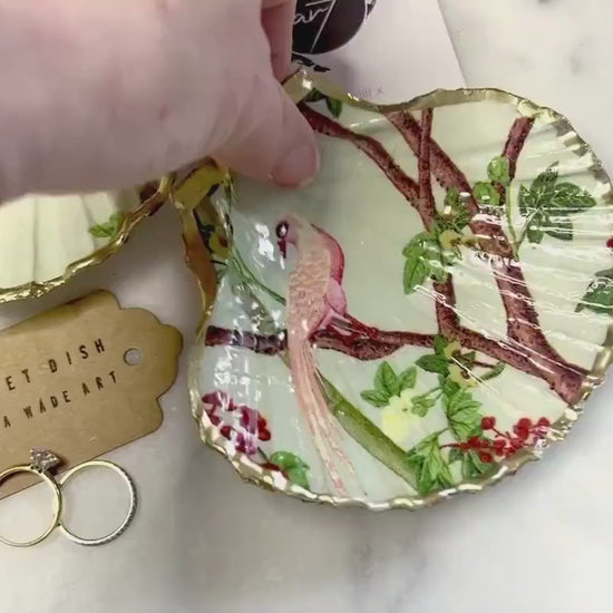 Birds of Paradise Scallop Shell Trinket Dish, Gold Leaf Coastal Jewellery Holder, Pink Bird Ring Dish, Handmade Dorset Shell Decor