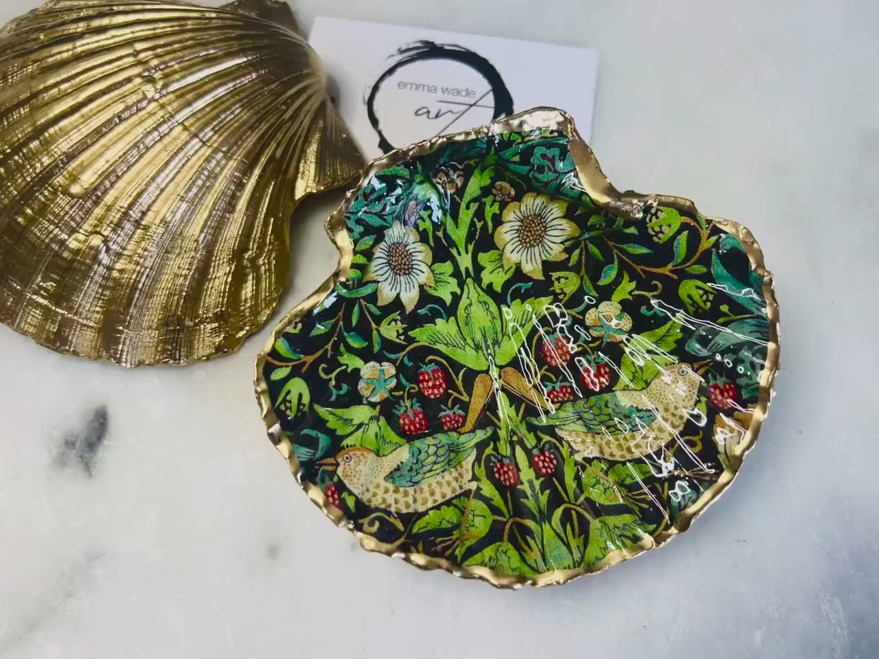 William Morris Black Green Strawberry Thief Ring Dish: Gold Leaf Jewelry Trinket Dish, UK Heritage Gift, Bird Lover Gift, Floral Ring Holder