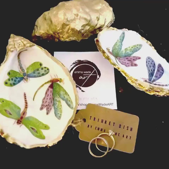 Handmade Dragonfly Oyster Shell Trinket Dish, Gold Leaf Jewellery Holder, Coastal Ring Dish, Nature Inspired Gift