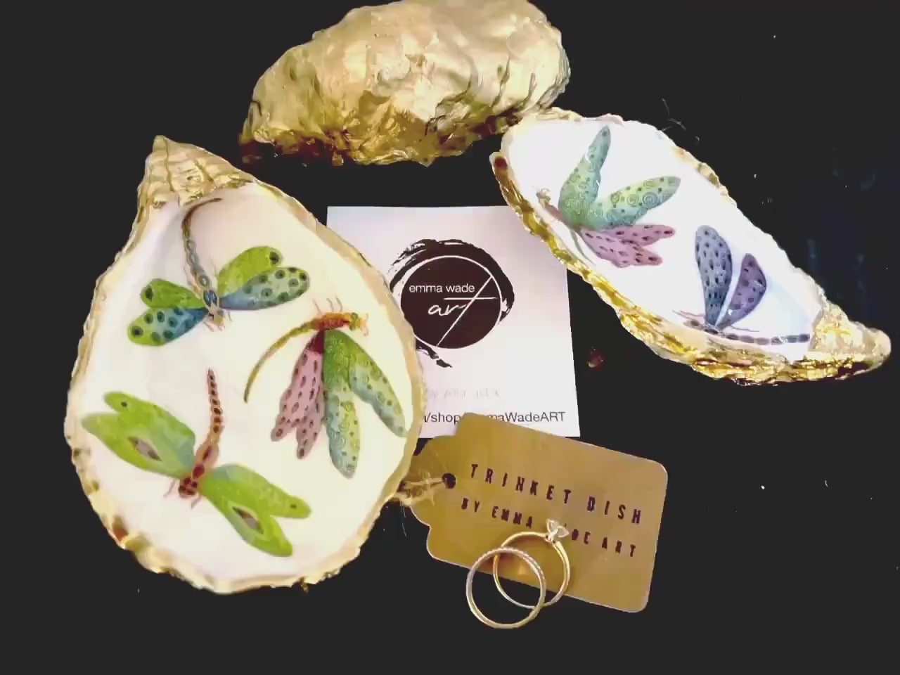 Handmade Dragonfly Oyster Shell Trinket Dish, Gold Leaf Jewellery Holder, Coastal Ring Dish, Nature Inspired Gift