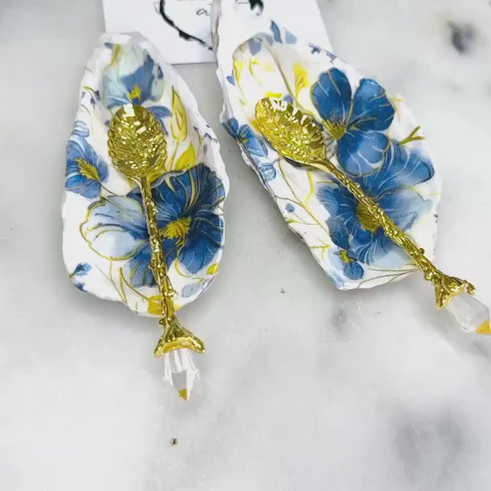 Blue Floral Oyster Shell Salt & Pepper Dishes, Gold Spoon Pinch Pots, Handmade Coastal Hostess Gift