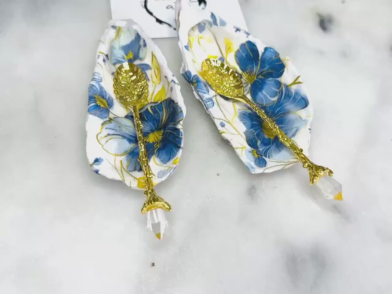 Blue Floral Oyster Shell Salt & Pepper Dishes, Gold Spoon Pinch Pots, Handmade Coastal Hostess Gift