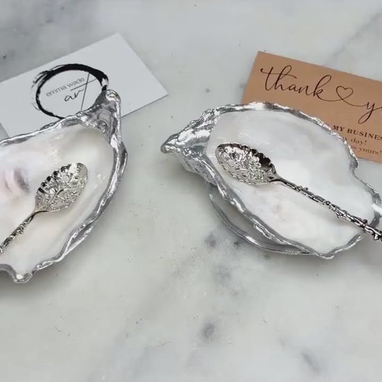 Pearl Oyster Shell Salt Cellar Set | Gilded Silver Leaf Shell Cruet Set, add on spoons, Host Gift. Wedding Table Decor