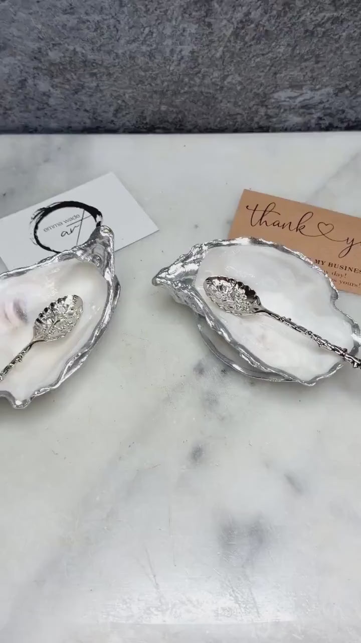 Pearl Oyster Shell Salt Cellar Set | Gilded Silver Leaf Shell Cruet Set, add on spoons, Host Gift. Wedding Table Decor
