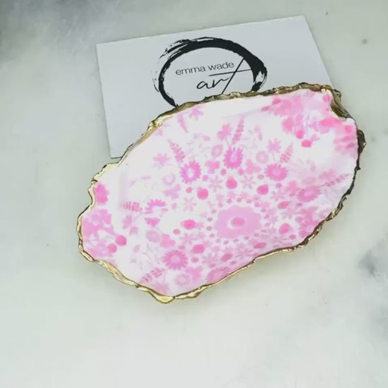 Hand-Gilded Pink Floral Oyster Shell Trinket Dish: Pink Lily Ring Tray, Rose Gift
