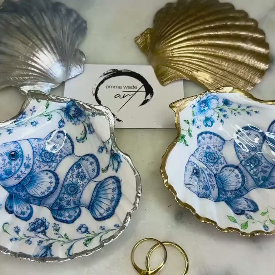 Hand Illustrated Clown Fish Scallop Shell Dish | Original Artwork Ring Holder | Delft Blue Coastal Jewellery Tray | Emma Wade ART