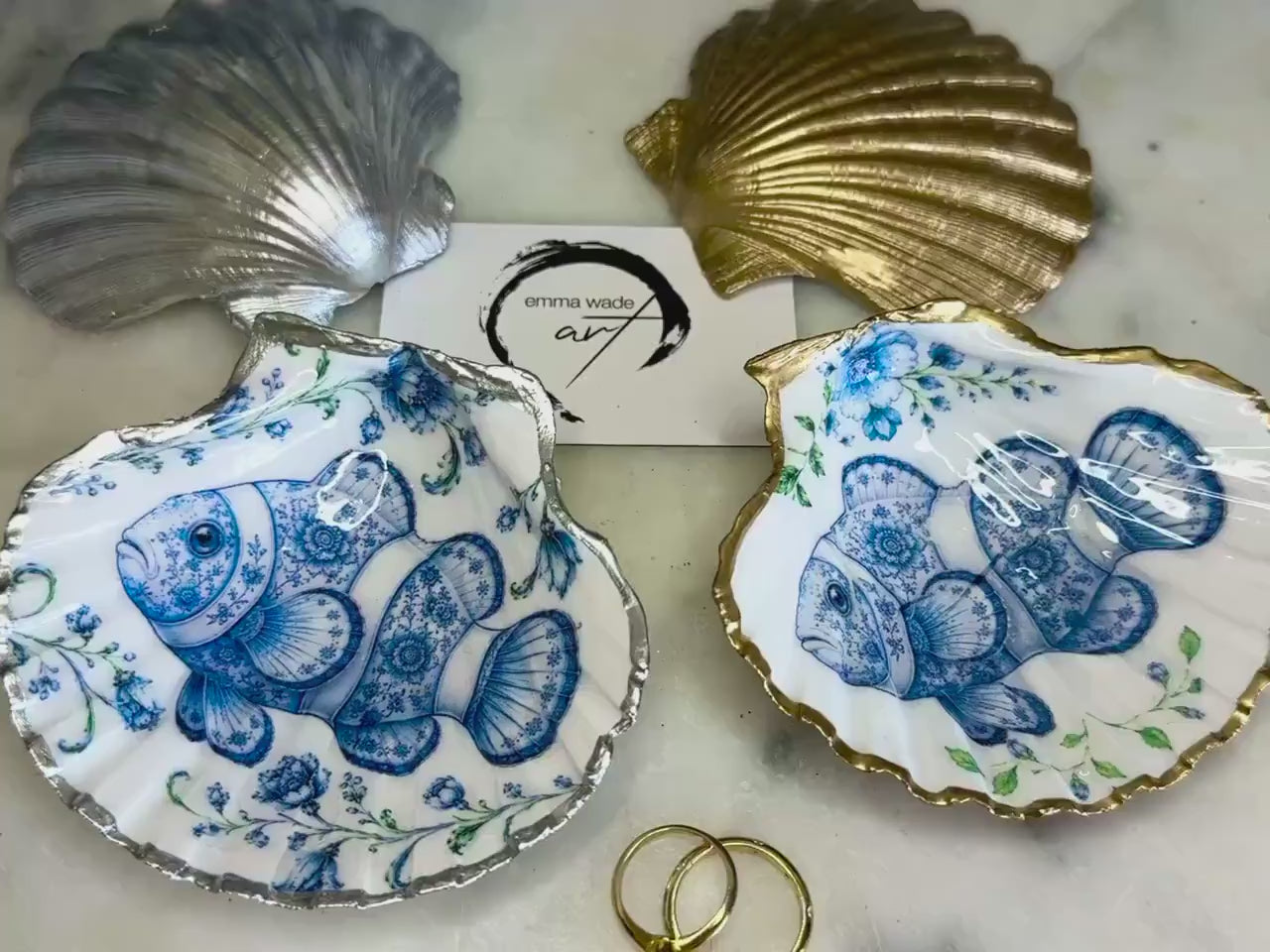 Hand Illustrated Clown Fish Scallop Shell Dish | Original Artwork Ring Holder | Delft Blue Coastal Jewellery Tray | Emma Wade ART