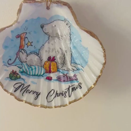 Scallop Shell Christmas Bear Hanging Ornament: Gilded with gold leaf, Festive Decor, Traditional Bauble