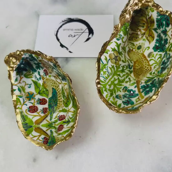 William Morris Strawberry Thief Oyster Shell Ring Dish: Gold Leaf Trinket Tray, Heritage Decor, Bird Lover Gift