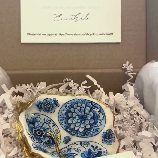 Vintage Egg Oyster Shell Trinket Dish, Blue White Jewelry Holder, Gold Leaf Coastal Decor, Decoupage Ring Dish