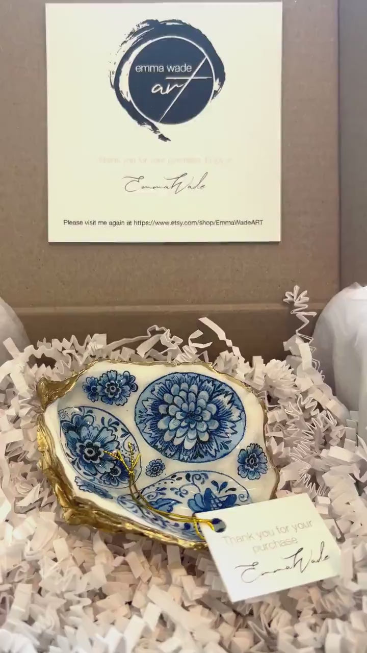 Vintage Egg Oyster Shell Trinket Dish, Blue White Jewelry Holder, Gold Leaf Coastal Decor, Decoupage Ring Dish