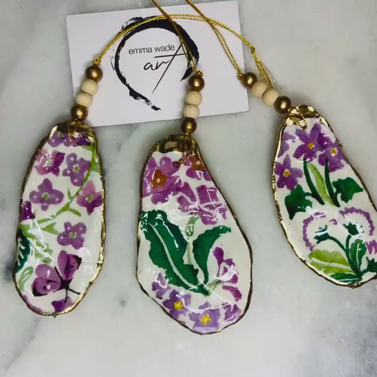 Emma Bridgewater Oyster Shell Ornament Set: Purple Spring Flowers, Gold Leaf Decor