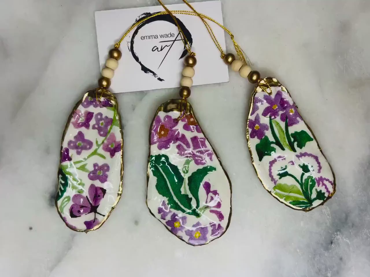 Emma Bridgewater Oyster Shell Ornament Set: Purple Spring Flowers, Gold Leaf Decor