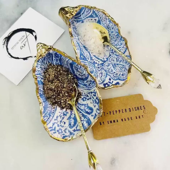 Blue Paisley Dorset Oyster Salt Cellar Set | Gold Leaf Shell Pinch Pots | Coastal Dining Decor