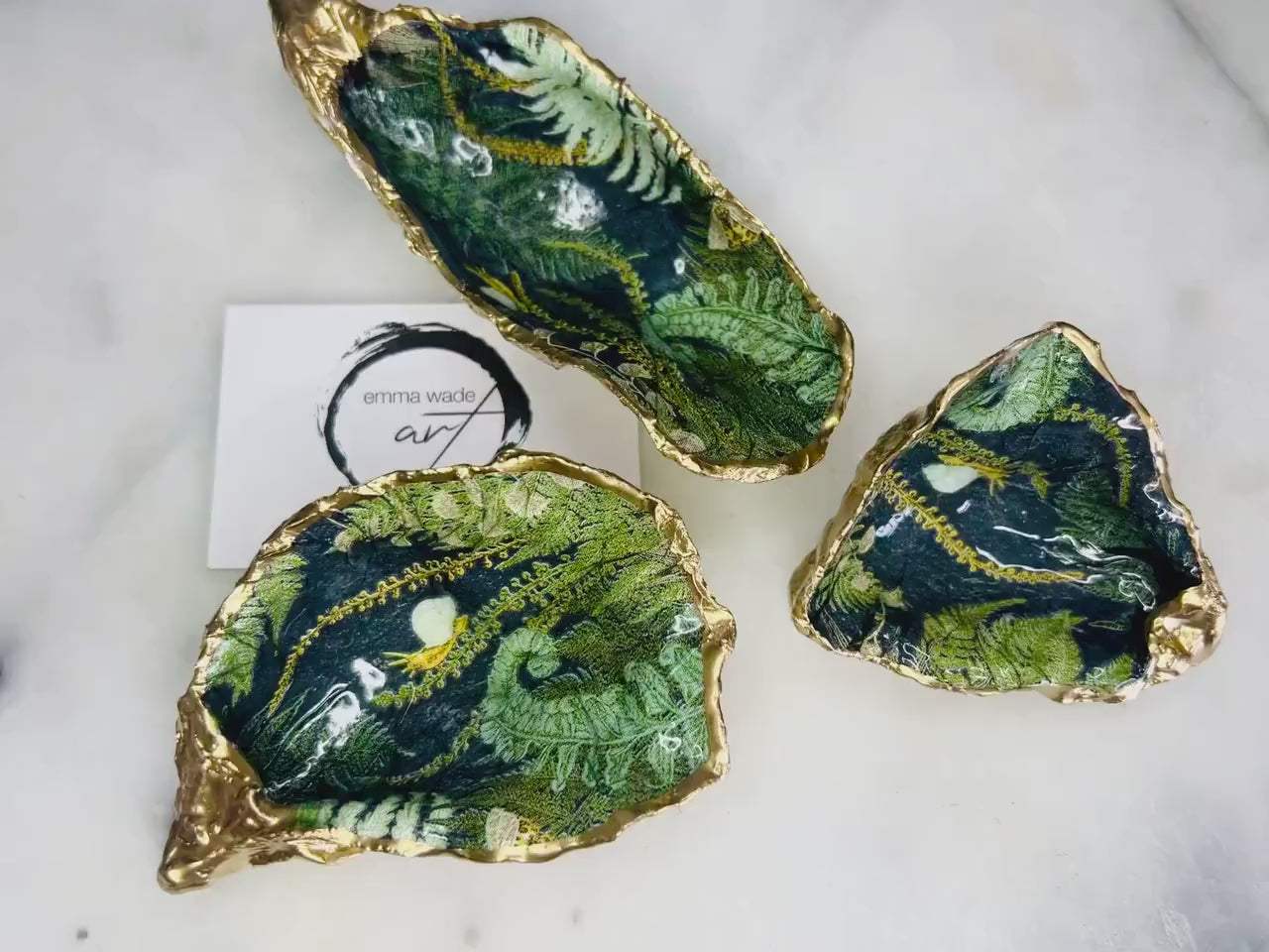 Hand-Gilded Green Forest Fern Oyster Trinket Shell Dish: Gold Leaf Jewelry Ornament, Nature lover gift, Coastal decor