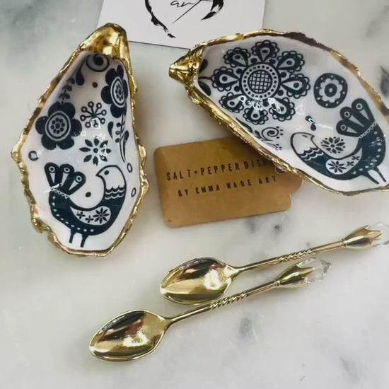 Scandanavian Marimekko Floral Oyster Shell Salt & Pepper Pinch Pots: Shell Salt Pots, Coastal Cruet Set, Add on Gold Spoons