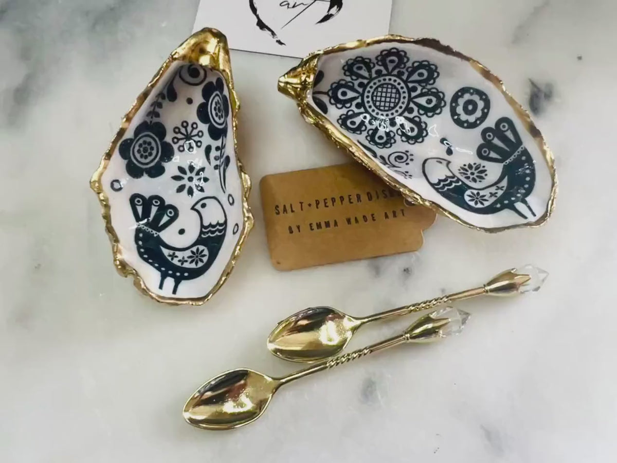 Scandanavian Marimekko Floral Oyster Shell Salt & Pepper Pinch Pots: Shell Salt Pots, Coastal Cruet Set, Add on Gold Spoons