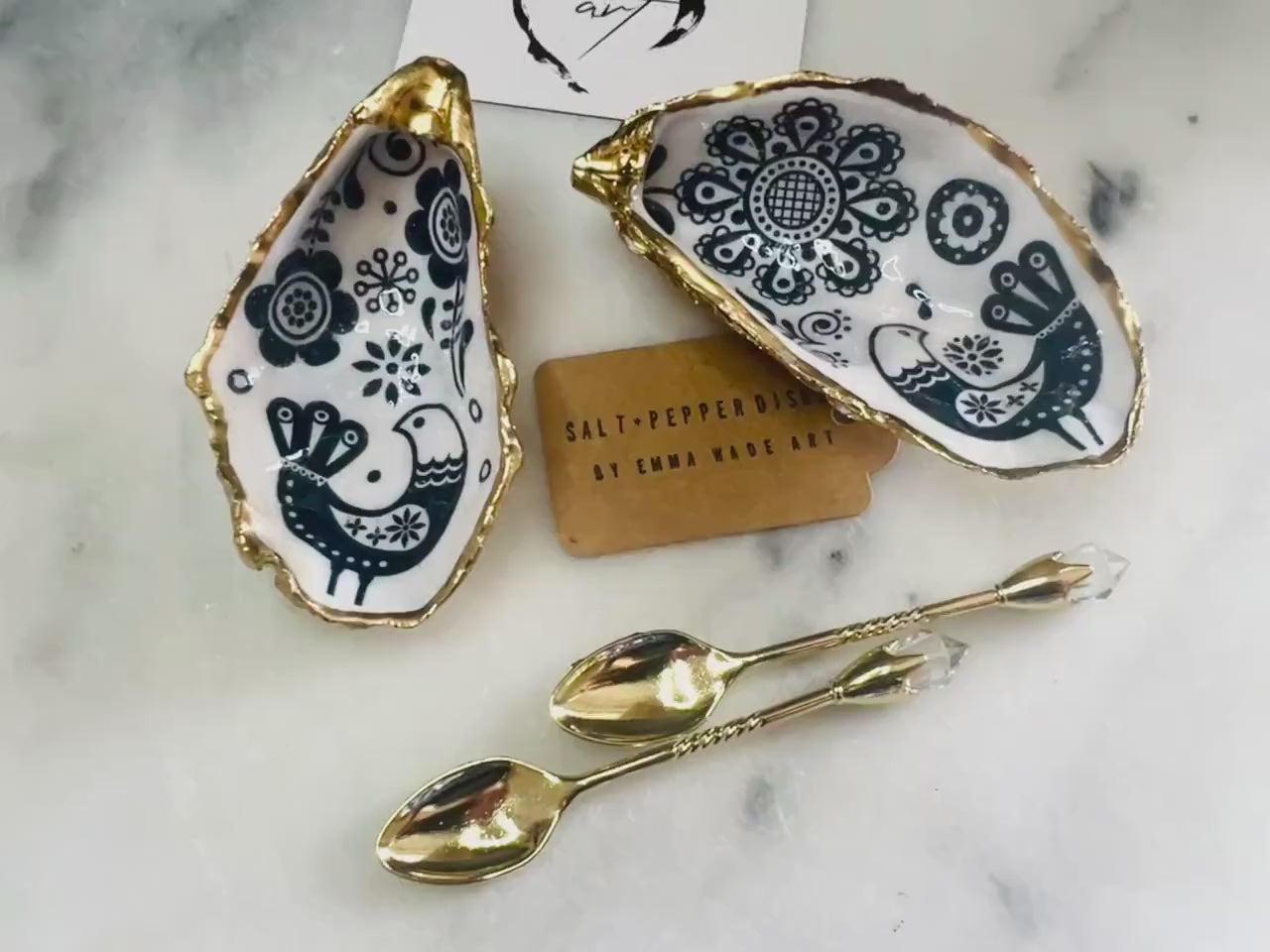 Scandanavian Marimekko Floral Oyster Shell Salt & Pepper Pinch Pots: Shell Salt Pots, Coastal Cruet Set, Add on Gold Spoons