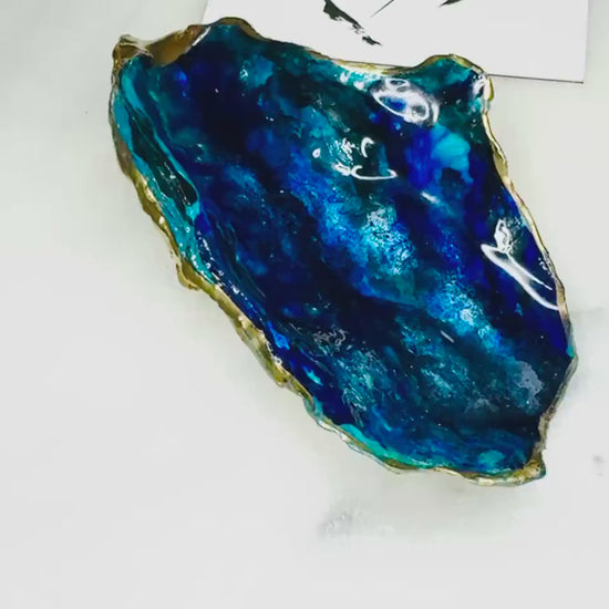 Hand-Painted Dorset Blue Ocean Themed Oyster Shell Jewelry Dish, Shell Ring Dish, Gilded Gold Leaf Resin Ocean Art