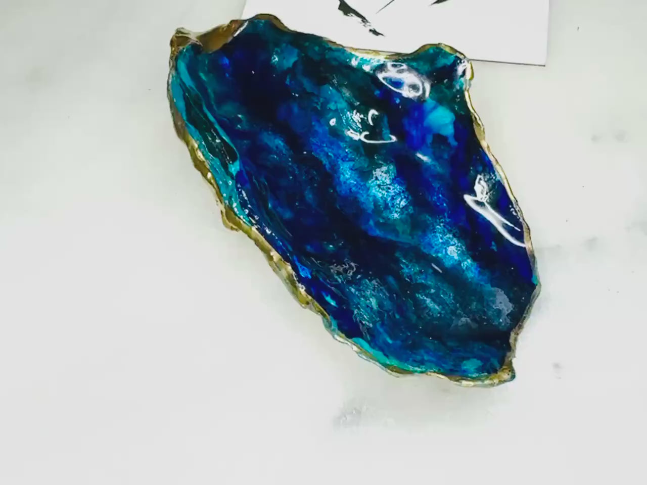 Hand-Painted Dorset Blue Ocean Themed Oyster Shell Jewelry Dish, Shell Ring Dish, Gilded Gold Leaf Resin Ocean Art