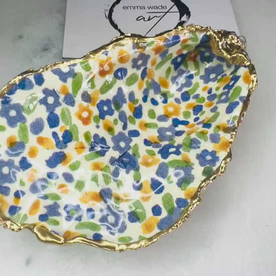 Emma Bridgewater Wildflower Oyster Shell Trinket Dish: Gilded Gold Leaf Ring Holder, sealed with Resin. Coastal Gift. Handmade in the UK