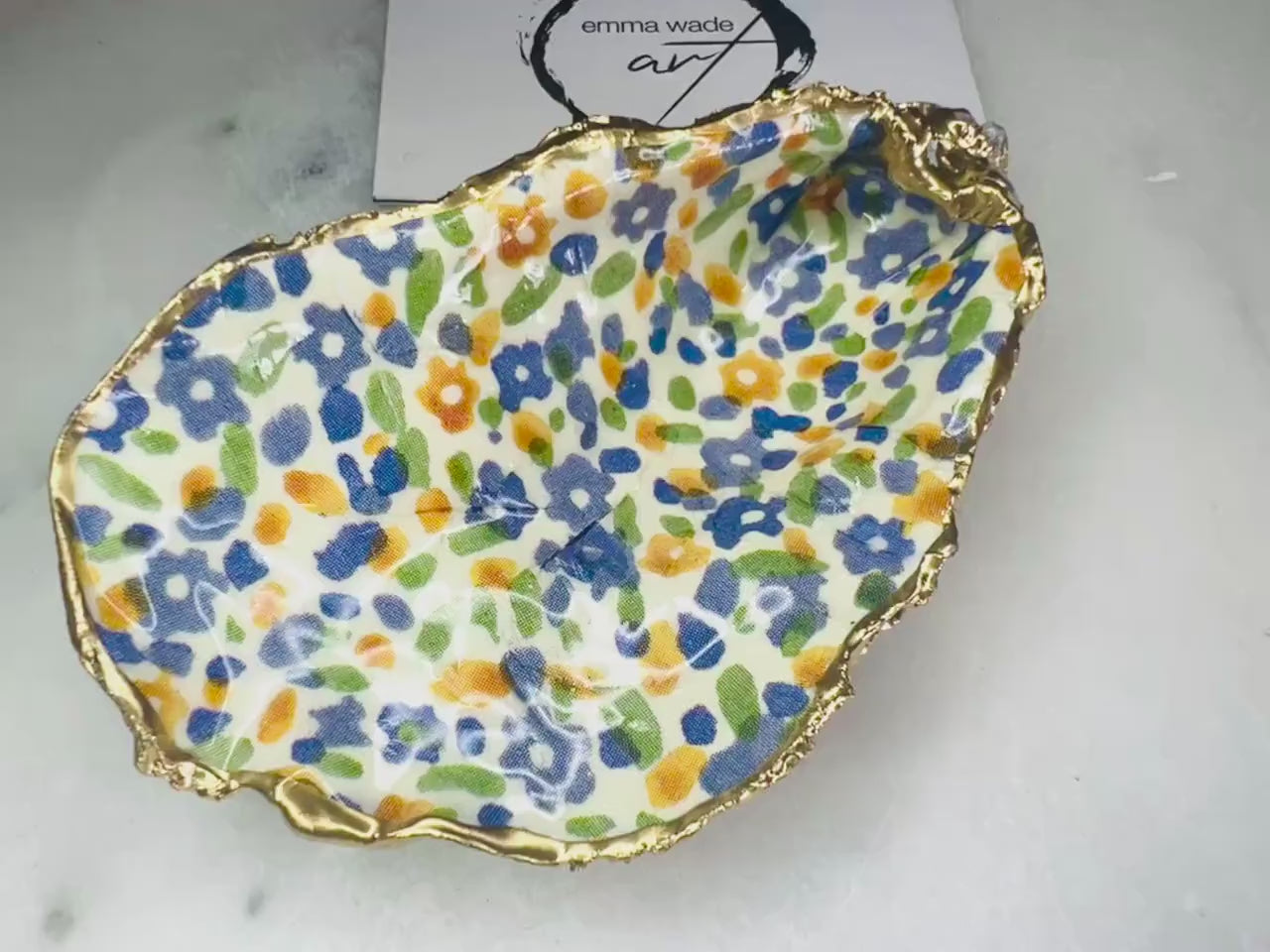 Emma Bridgewater Wildflower Oyster Shell Trinket Dish: Gilded Gold Leaf Ring Holder, sealed with Resin. Coastal Gift. Handmade in the UK