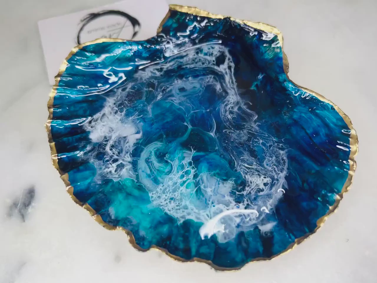 Hand Painted Ocean Scallop Shell Dish, Dorset Coastal Resin Art, Luxury Blue Shell Jewellery Dish, Gold Leaf Coastal Decor