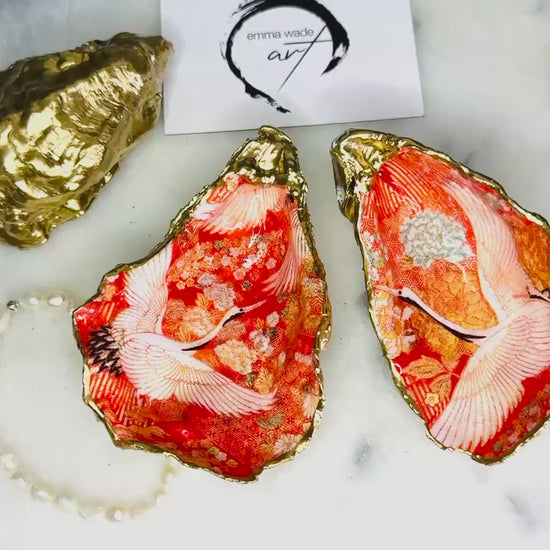 Hand-Gilded Oyster Shell Trinket Dish: Japanese Kimono Pink Flamingo gift, Coastal Decor, Host Gift Idea, Bird lover gift