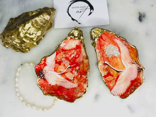 Hand-Gilded Oyster Shell Trinket Dish: Japanese Kimono Pink Flamingo gift, Coastal Decor, Host Gift Idea, Bird lover gift