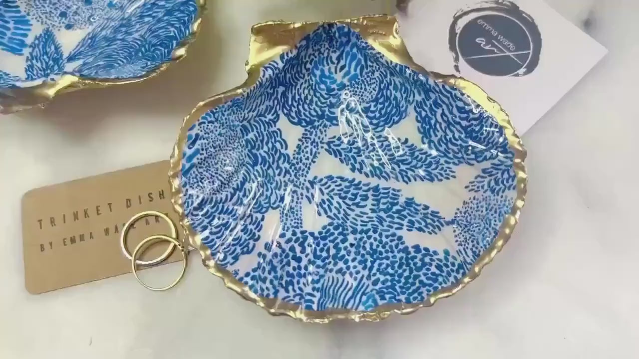 Marimekko Floral Blue White Scallop Shell Dish, Gold Leaf Coastal Trinket Dish, Scandinavian Floral Jewellery Holder, Dorset Shell Decor