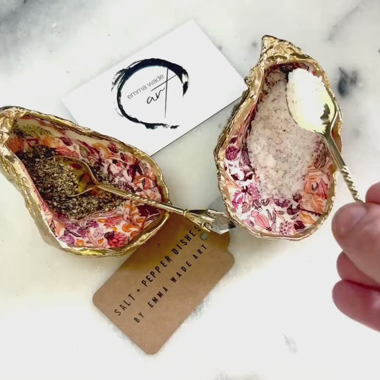 Pair of William Morris Pink Floral Oyster Shell Salt & Pepper Pinch Pots: Gold Leaf Coastal Table Decor, Shell Salt Gift, Add on Spoons