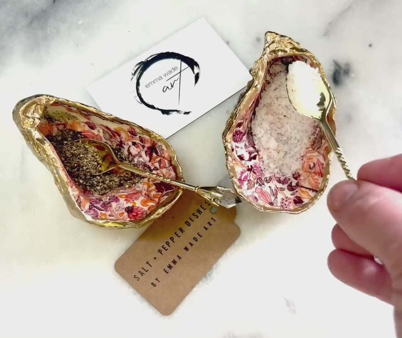 Pair of William Morris Pink Floral Oyster Shell Salt & Pepper Pinch Pots: Gold Leaf Coastal Table Decor, Shell Salt Gift, Add on Spoons