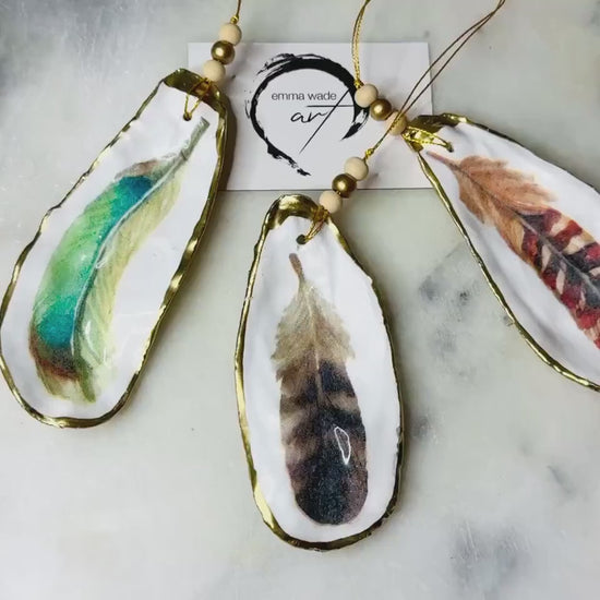 Feather Design Natural Oyster Shell Hanging Ornament: Gold Leaf Shell ornament, Luxury Coastal Gift, available individually or as set