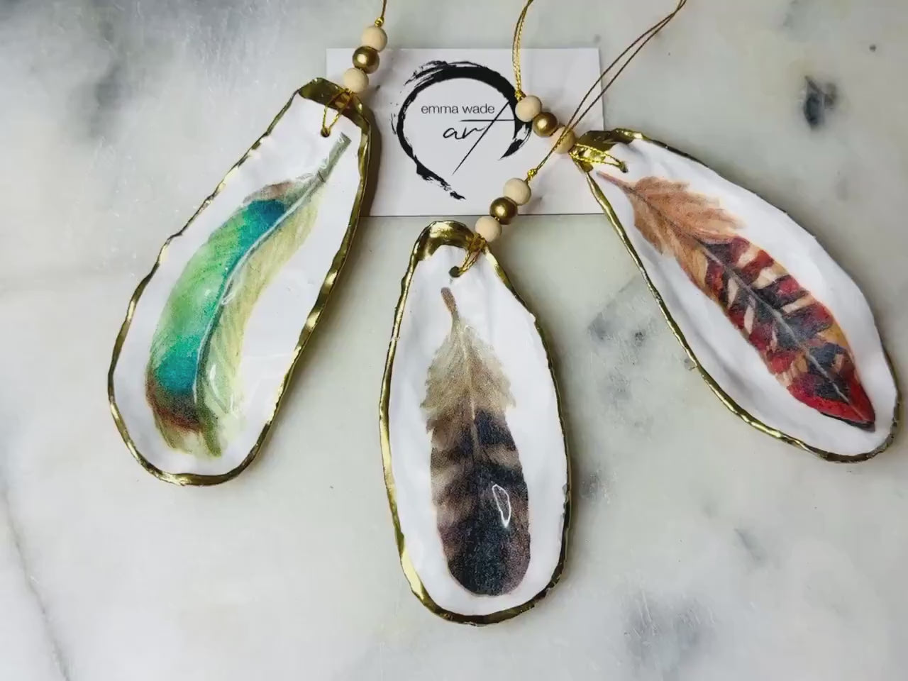Feather Design Natural Oyster Shell Hanging Ornament: Gold Leaf Shell ornament, Luxury Coastal Gift, available individually or as set