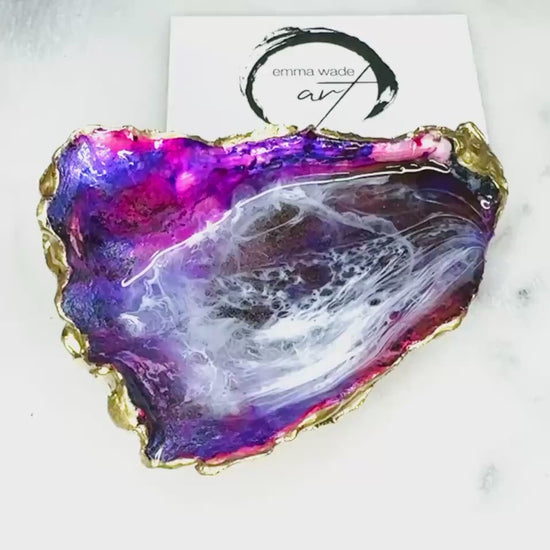 Hand-Painted Ocean Themed Oyster Shell Trinket Dish: Purple Ocean Waves Ring Tray, Gold Leaf Coastal gift